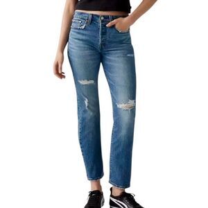 Levi’s Wedgie Straight Distressed Jeans with Raw Hem in Blue Wash Women’s 28